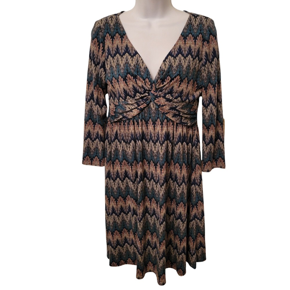 Uncle Frank Blue Chevron Ikat Twist Front V Neck Long Sleeve Dress XS Artsy‎